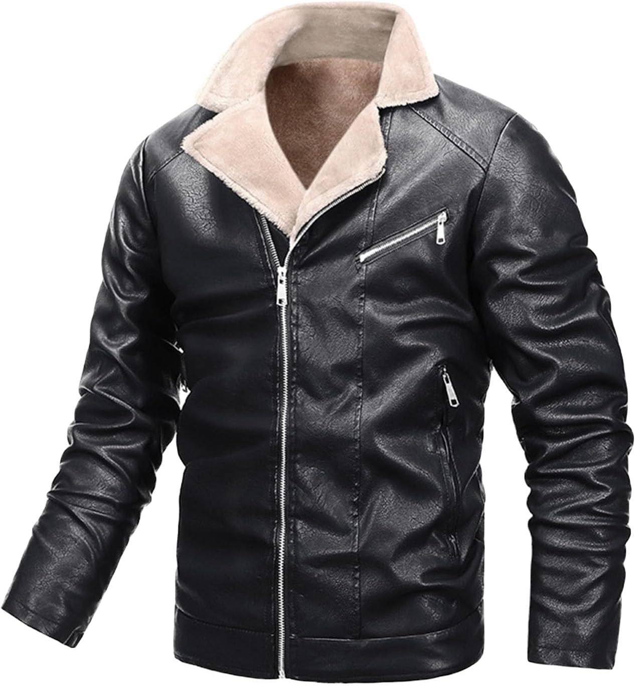 Men's Thickened Leather Short Coat Men Warm Faux Fur Jacket In Winter Male Shearling Cuffs Zippered Motorcycle Coat