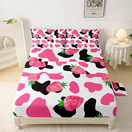 QOOMO Juego de sábanas para niños con estampado de vaca de fresa, tamaño individual, juego de sábanas de 16 pulgadas de profundidad, juego de