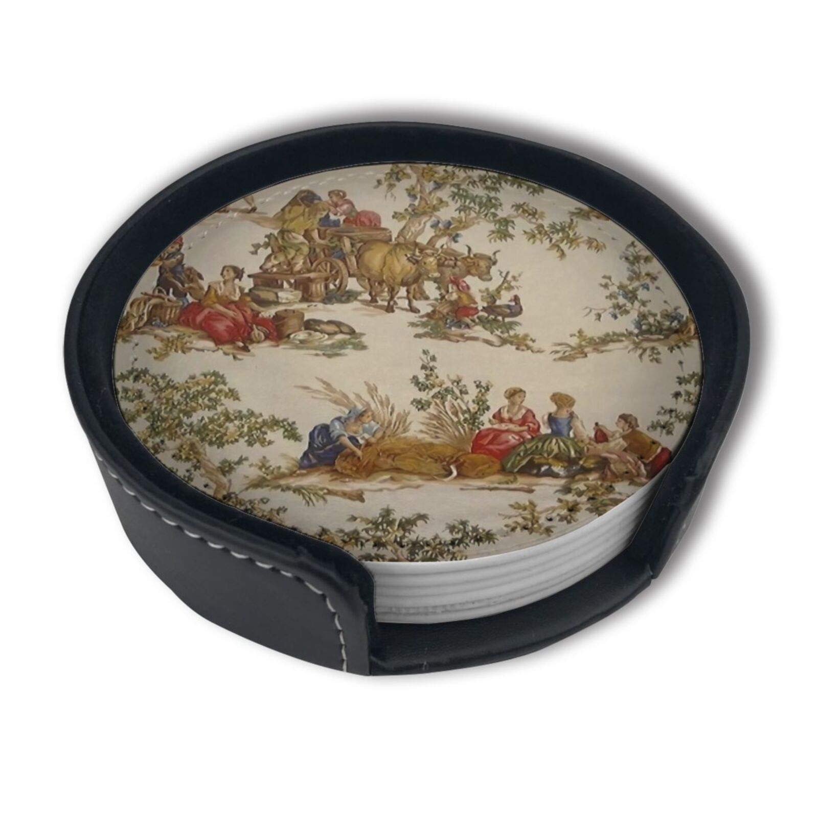 Vintage French Country Print Coasters for Drinks with Holder Leather Coasters Set of 6 Table Decor Protect Furniture from Water Marks Scratch and