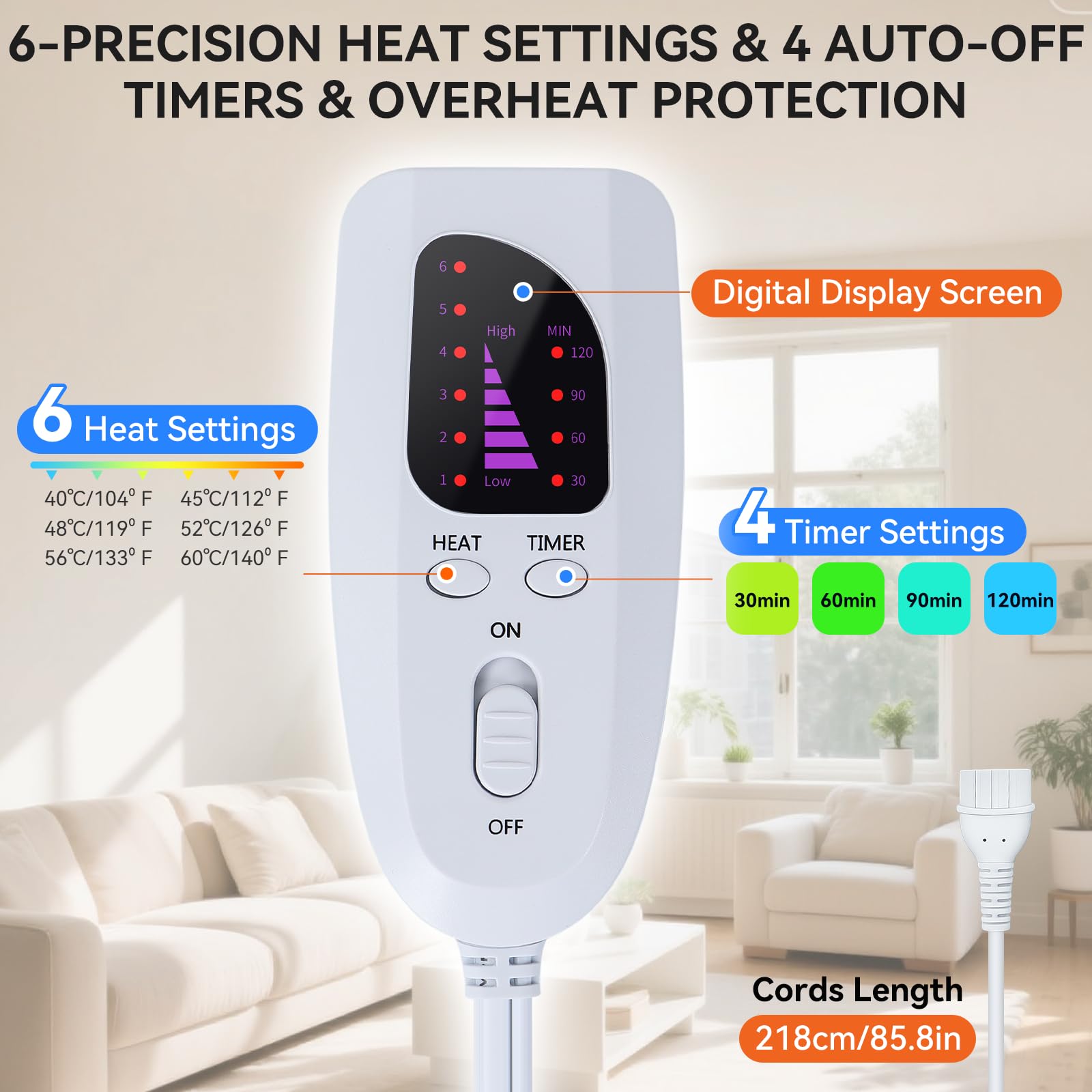Qoosea Scaldapiedi Elettrico con Cerniera - 6 Livelli Temperatura, 4 Timer, Sicurezza - Lavabile in Lavatrice per Casa, Ufficio, Piedi Freddi e Artrite