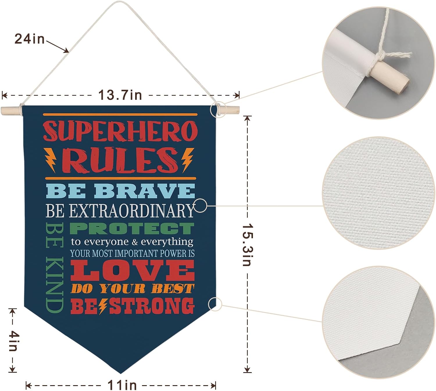 QODUNG Inspirational Quote Superhero Rules Avengers Room Decor,Cool Wall Decor for Boys,Bedroom,Playroom,Toddler and Kids Room,Wall Hanging Pennant Flag Canvas Banner