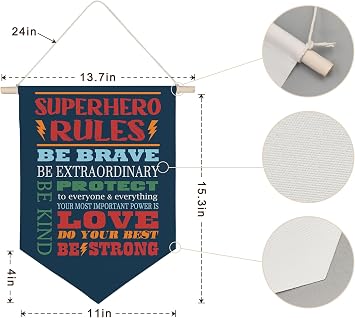 QODUNG Inspirational Quote Superhero Rules Avengers Room Decor,Cool Wall Decor for Boys,Bedroom,Playroom,Toddler and Kids Room,Wall Hanging Pennant Flag Canvas Banner