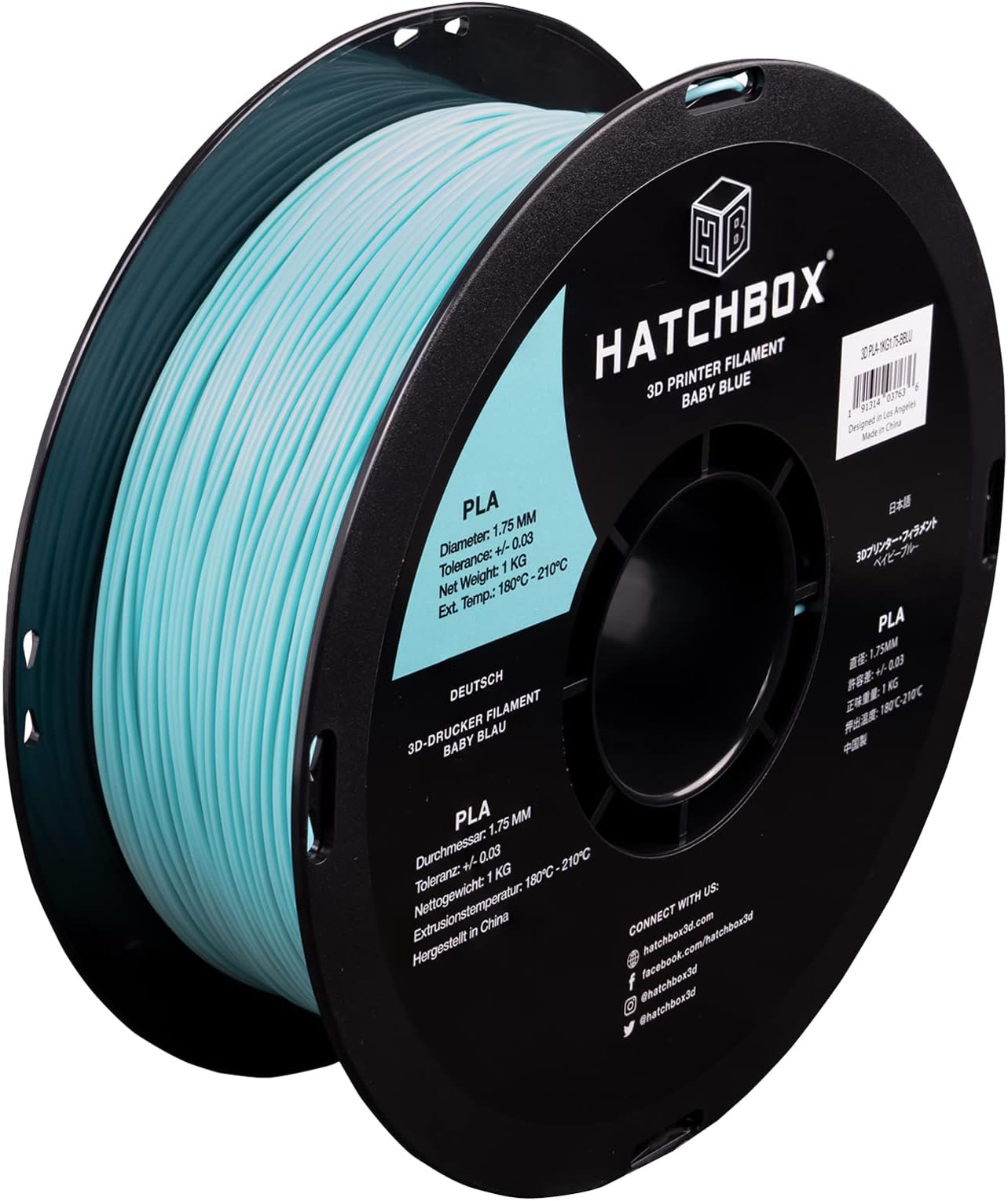 HATCHBOX 1.75mm Baby Blue PLA 3D Printer Filament, 1 KG Spool, Dimensional Accuracy +/- 0.03 mm, 3D Printing Filament