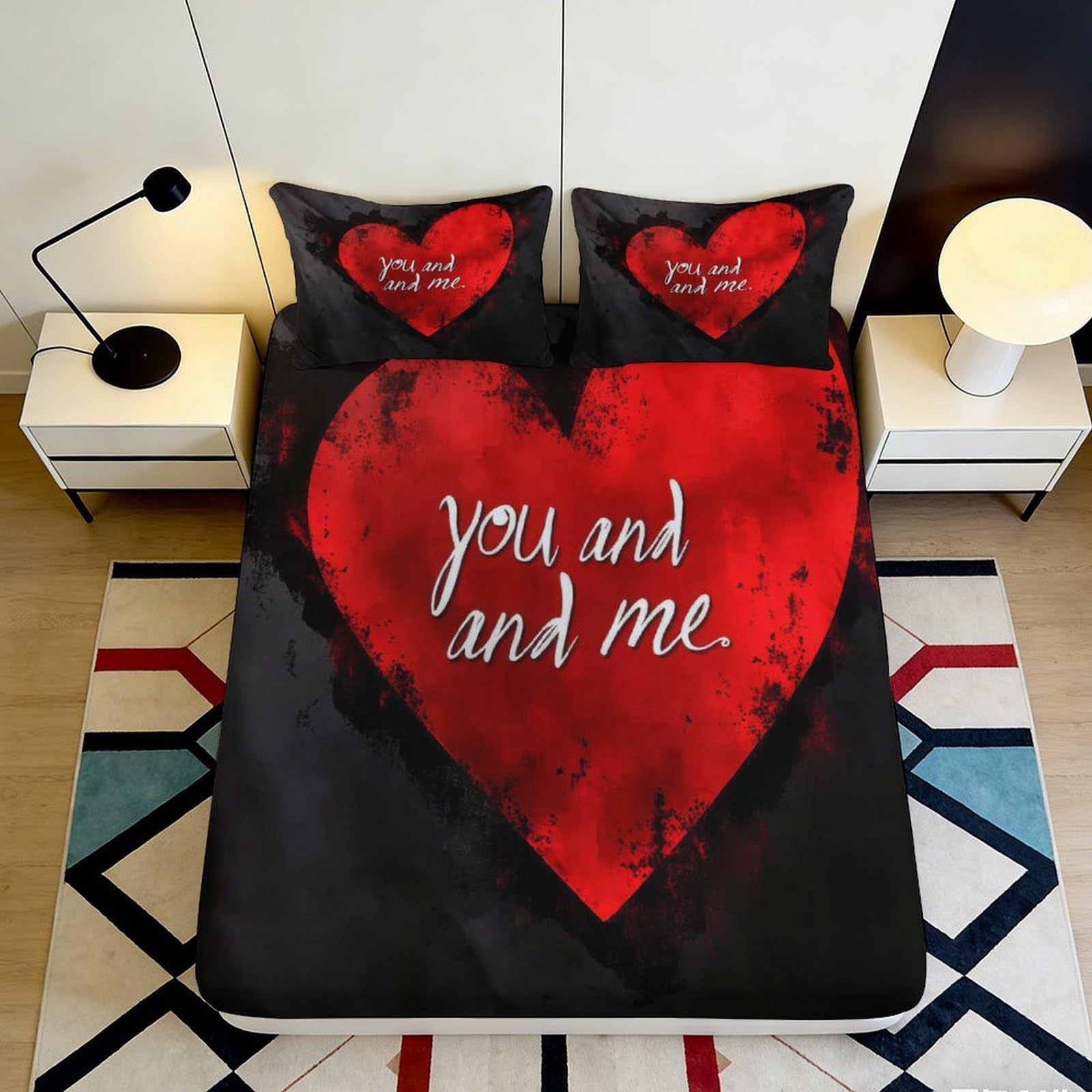 3D Printed Red Heart Fitted Sheet Microfiber Anti-Slip Romantic Love Letter Bed Cover for Bedroom Dorm Decor 160x200x25cm