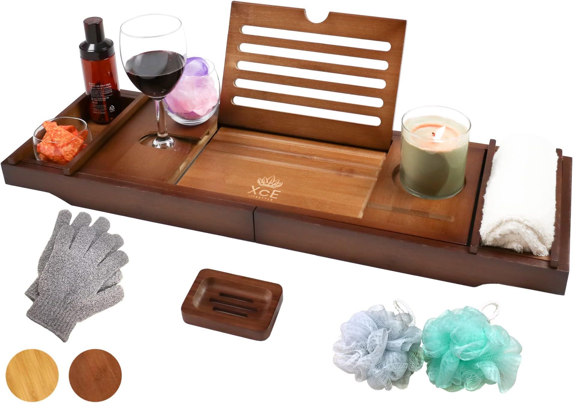 XcE Bath Caddy Tray (Brown) With Solid Bamboo book stand - Bamboo Wood Bath Tray and Bath Caddy