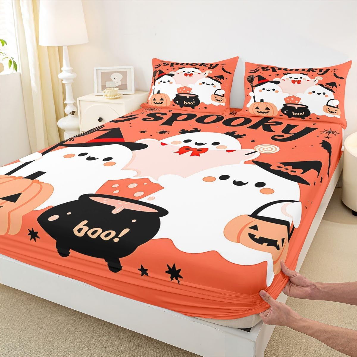 Halloween Bedding Set Queen Cute Cartoon Ghost Fitted Sheet Gothic Pumpkin Witches Bed Sheets for Kids Boys Girls,Spooky Festival Themed Bed Cover 3 Pcs