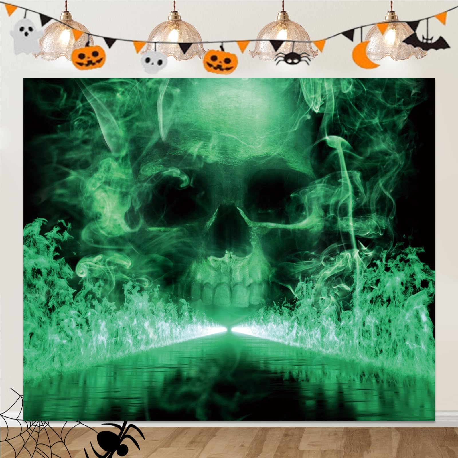 Halloween tło fotografia 3,7 x 2,4 m horror czaszka tematyczne dekoracje imprezowe fajna czaszka fantazja szkielet zielone czarne tło Halloween baner materiały do budki fotograficznej dla dzieci