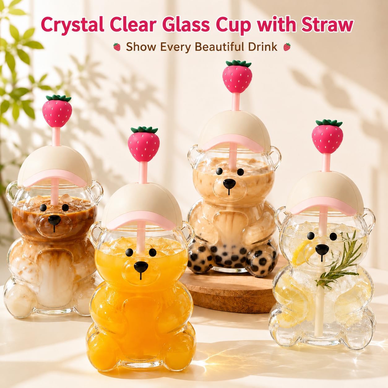 SummerWins Glass Bear Cup With Straw, Leak Lid & 2 Hats for Coffee & Shakes | Cute Bear Cup With Straw, 20 oz Clear Glass Cup With Secure Lid & 2 Replaceable Hats for Gifts, Parties & Daily Use thumbnail