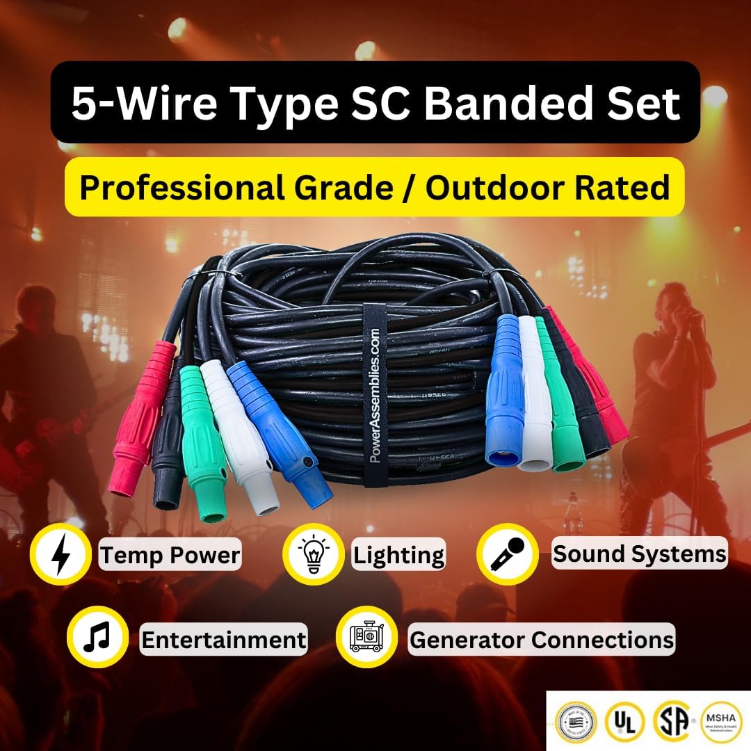 Type SC Entertainment and Stage Lighting Cable, 5 Wire Banded Set (4) #2 and (1) #6 SC Cam Lock Cord, 25 FT - Image 3