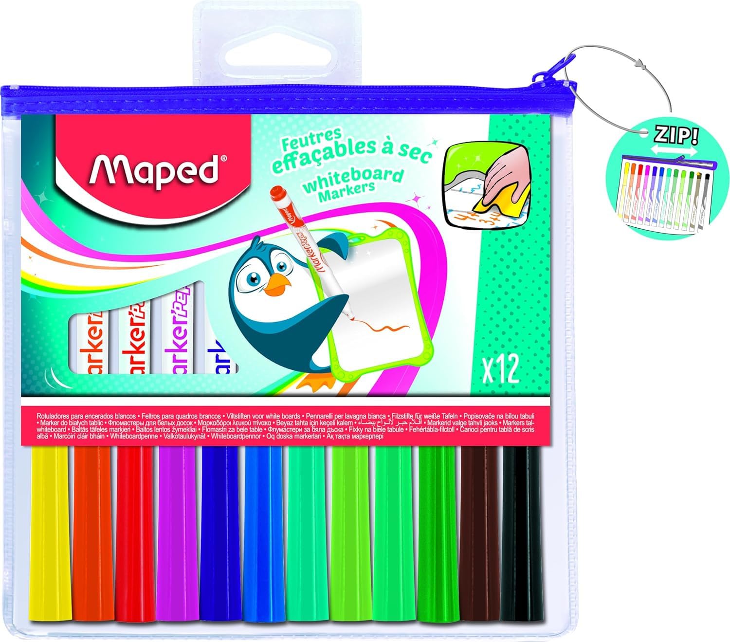 Maped - Colorful Markers for Kids - Fun Color's - 12 Dry Erase Markers - Neutral Odor - Includes Zipper Case - Variety of Luminous Colors