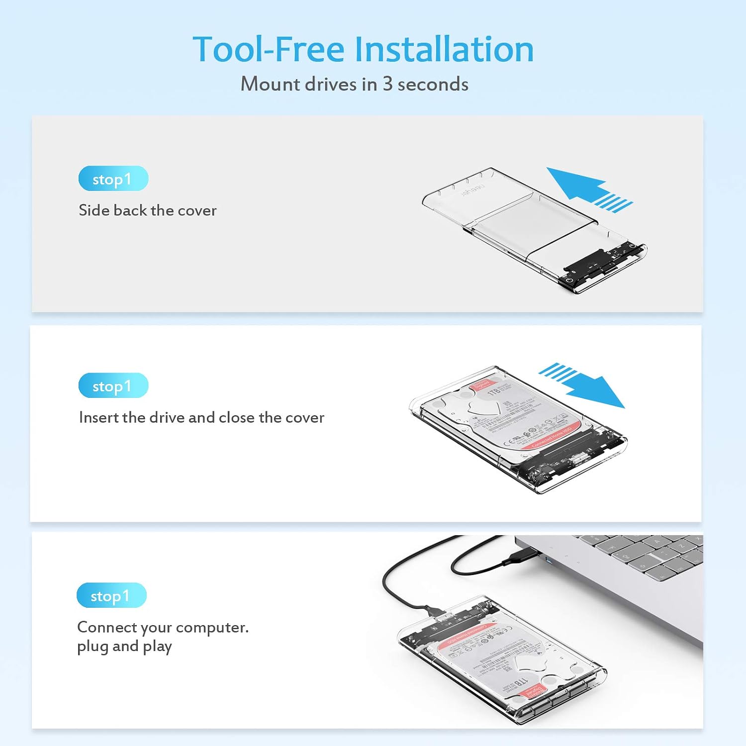 Neeyer 2.5" Hard Drive Enclosure, USB 3.0 to SATA III Clear External HDD/SSD Enclosure - Optimized for 9.5mm 7mm 2.5" SSD, Tool Free UASP 2TB Max 4TB