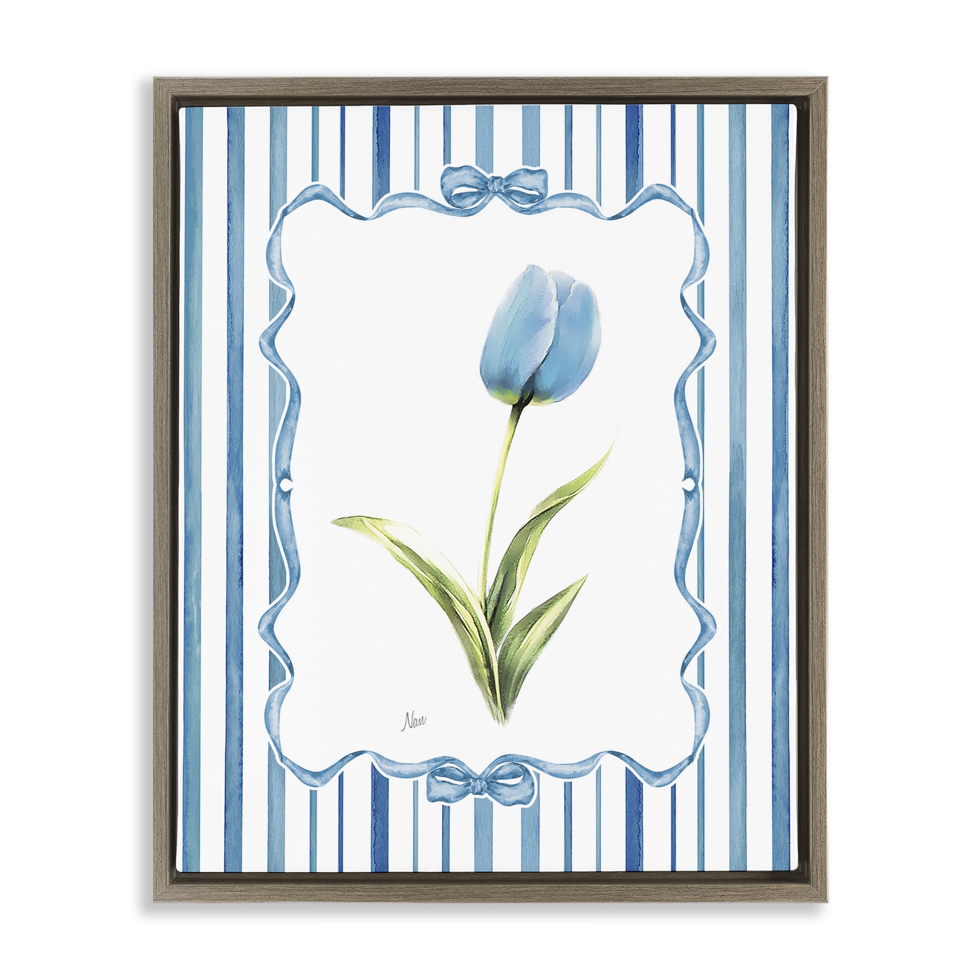 Stupell Industries 'Blue Tulip & Ribbon Border', Floating Frame Canvas Art, Brown, 25 x 31 Inches, Easy to Hang and Sturdy, Made in USA, by Nan