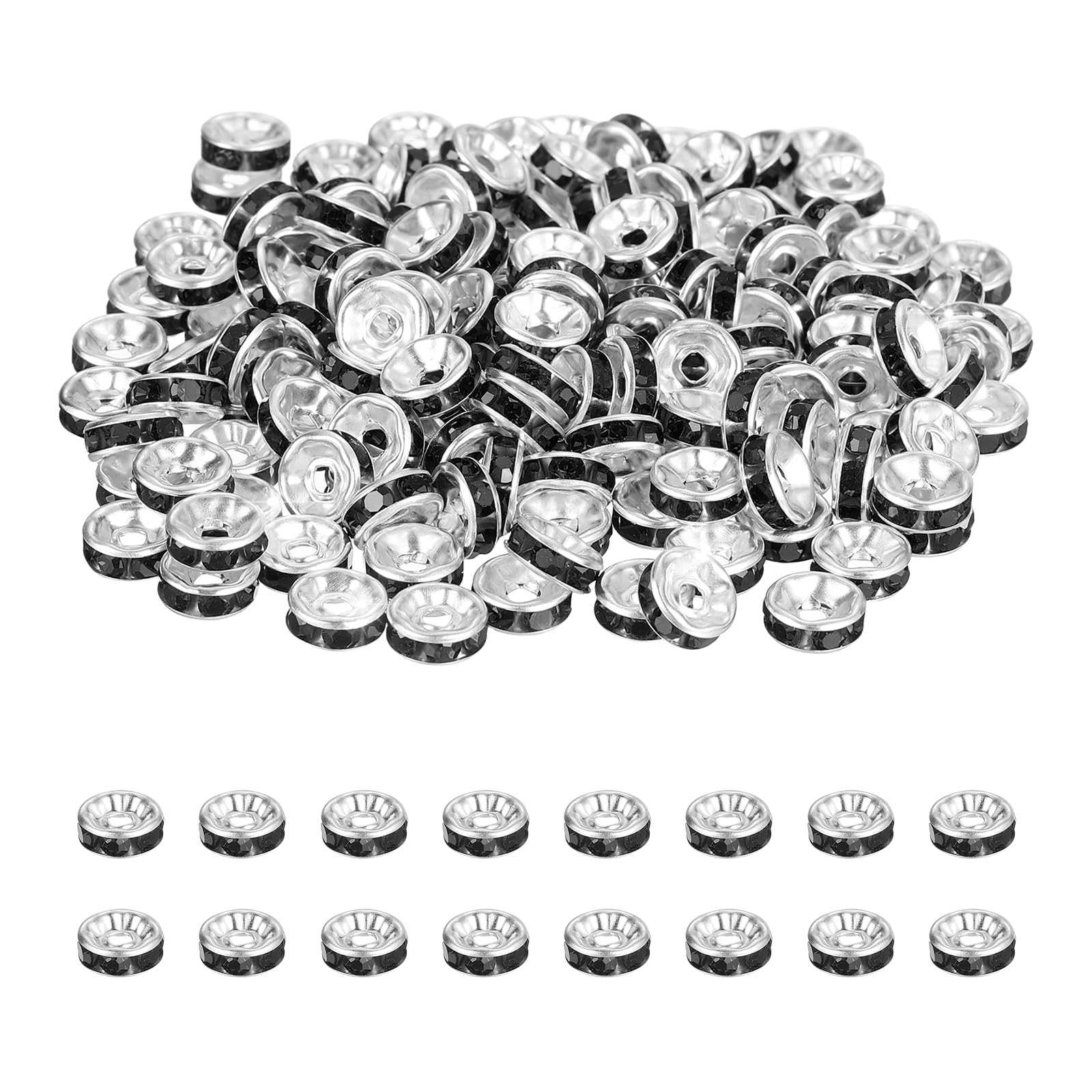PATIKIL 8mm Rondelle Spacer Bead, 200 Pcs Crystal Rhinestone Loose Bead Spacers for Jewelry Making, DIY Bracelets, Necklace, Silver/Black