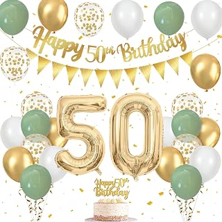 Verjaardagsdecoratie voor 50e verjaardag, gouden ballonnen, slingers, Happy Birthday, taarttopper voor mannen en vrouwen