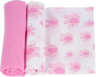 Miracle Blanket Soft Muslin Swaddles Newborn Nursery Sleep Essential - Pack of 2 Warm Wraps (Pink Elephants)