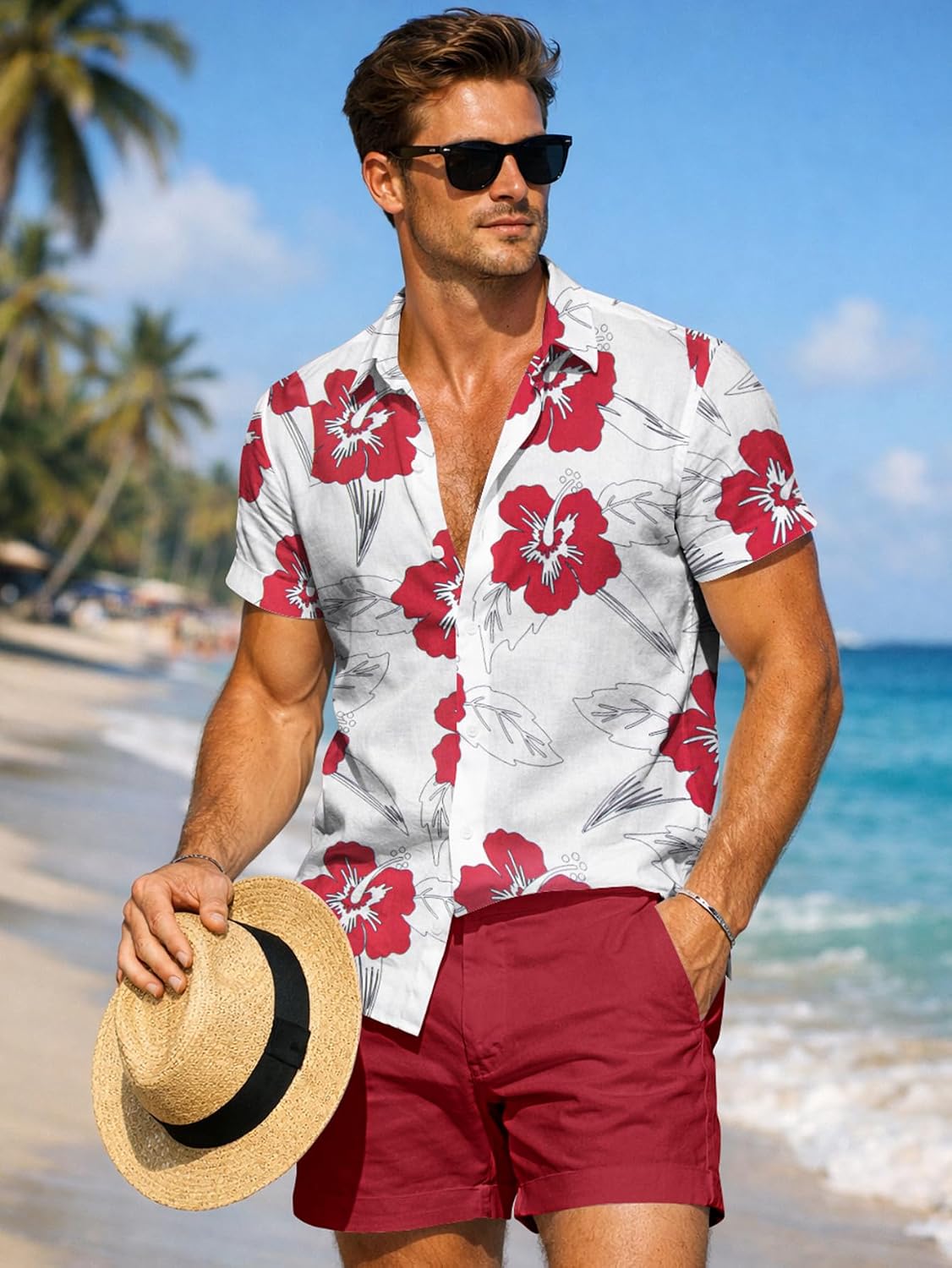 Yoimira Men's Summer Outfits 2 Piece Short Sets Hawaiian Floral Button Down Shirt and Shorts Vacation Beach Cruise Set image 3