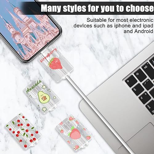 Miniatura 7 de CameCosy Juego de 4 protectores de cable de frutas para cargador de iPhone, diseño Kawaii de aguacate rosa, fresa, cereza y melocotón, protector de