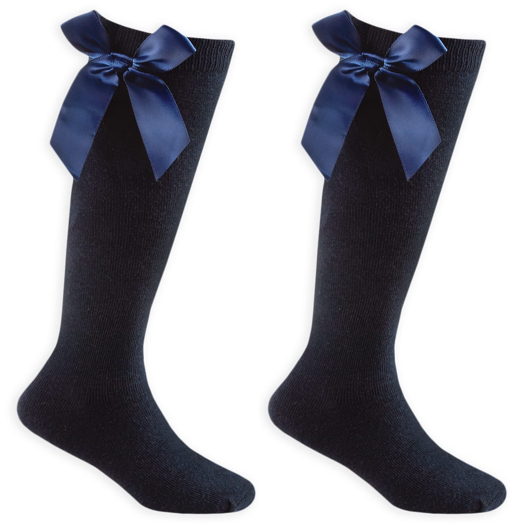 ShopMCR2 Pairs Girls Knee High Socks with Bow Back to School Socks Cotton Rich Uniform Party Wear Comfort Fit