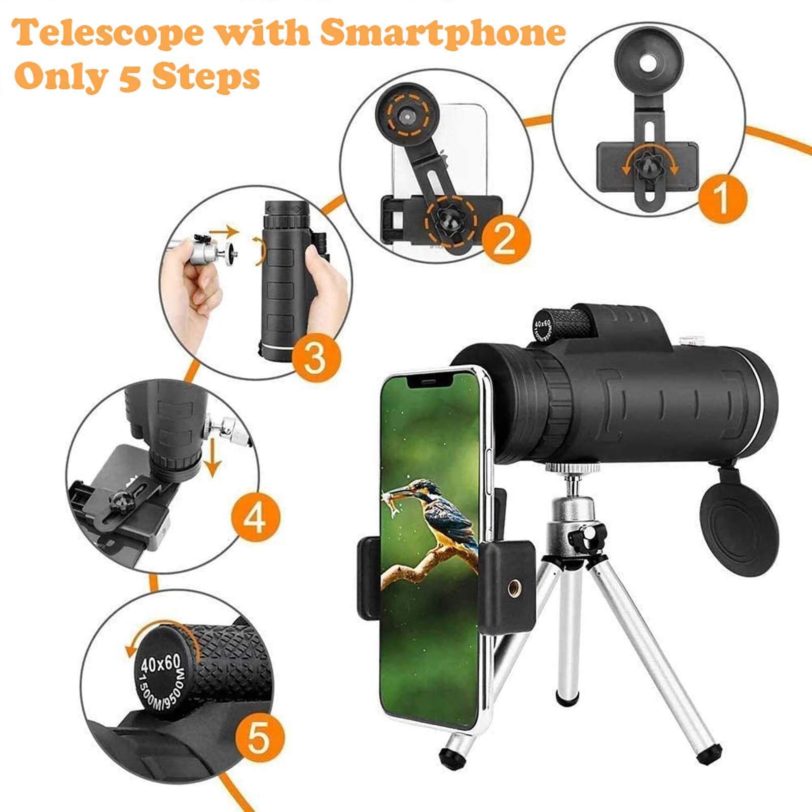 Telescopio monoculare, telescopio monoculare, cannocchiale ad alta potenza 40x60 per adulti, cannocchiale monoculare impermeabile con adattatore per smartphone e treppiede per caccia, escursionismo,