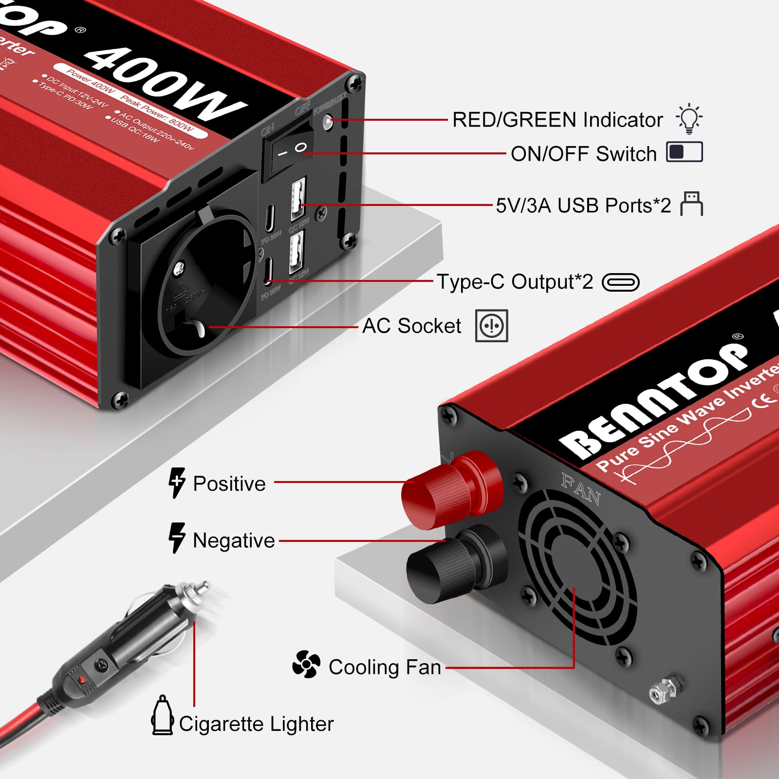 400w/800w Inversor 12V/24V a 220V/230V Onda Pura con USB-C y USB-A | Convertidor de voltaje 12V/24V CC a 230V CA, para Sistema Solar, Coche, Camping，caravanas