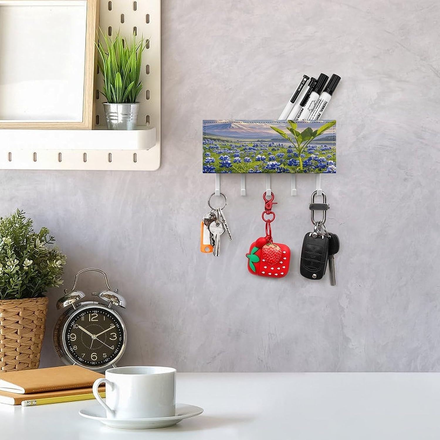 Key Holder Wall Mount Key Hanger with 5 Hooks, Decorative Key Rack | Bluebonnets Scenery Hanging Key Hooks with Mail Organizer for Wall Living Room Kitchen Bathroom Hallway