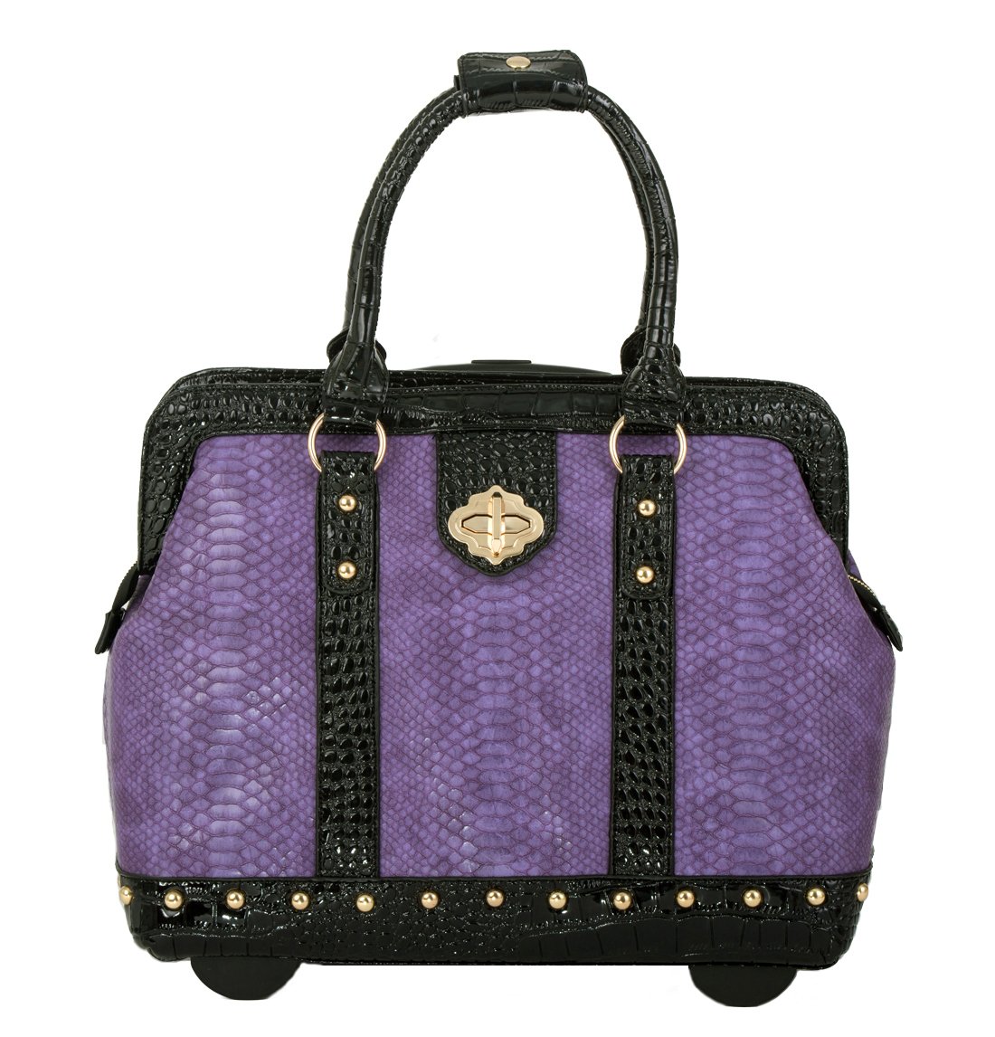 JKM and Company Computer iPad, Laptop Tablet Rolling Tote Bag Briefcase Carryall Bag, Purple / Black Patent, Fits up to a 14" inch laptop, Doctor Style
