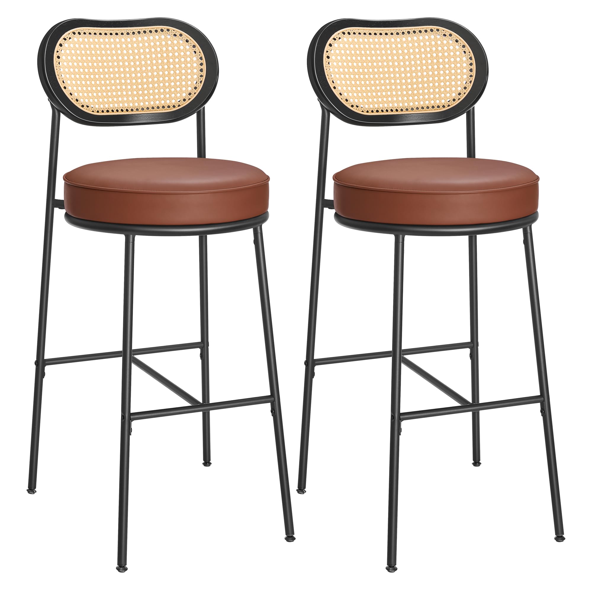 VASAGLE Juego de 2 Taburetes de Bar, Taburete Altos para Cocina, Desayuno de Cocina con Respaldo Curvado, Ratán PE Bohemio, 48,2 x 45,7 x 104,7 cm, Marrón Caramelo LBC097K01 The Forest Stewardship Council
