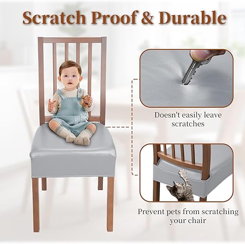 Miniatura 5 de Juego de 6 fundas de asiento impermeables para sillas de comedor, fundas de asiento de cocina de cuero, resistentes a las manchas, fundas elásticas