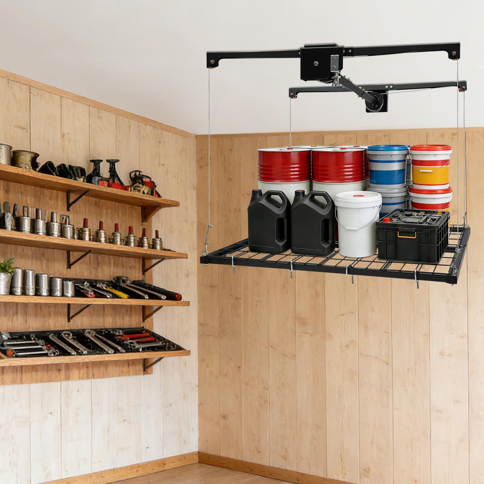 Ascensore per garage in acciaio al carbonio, regolabile con manovella, portata 136 kg, altezza di sollevamento: 200 cm, organizer salvaspazio per garage, facile installazione (A)
