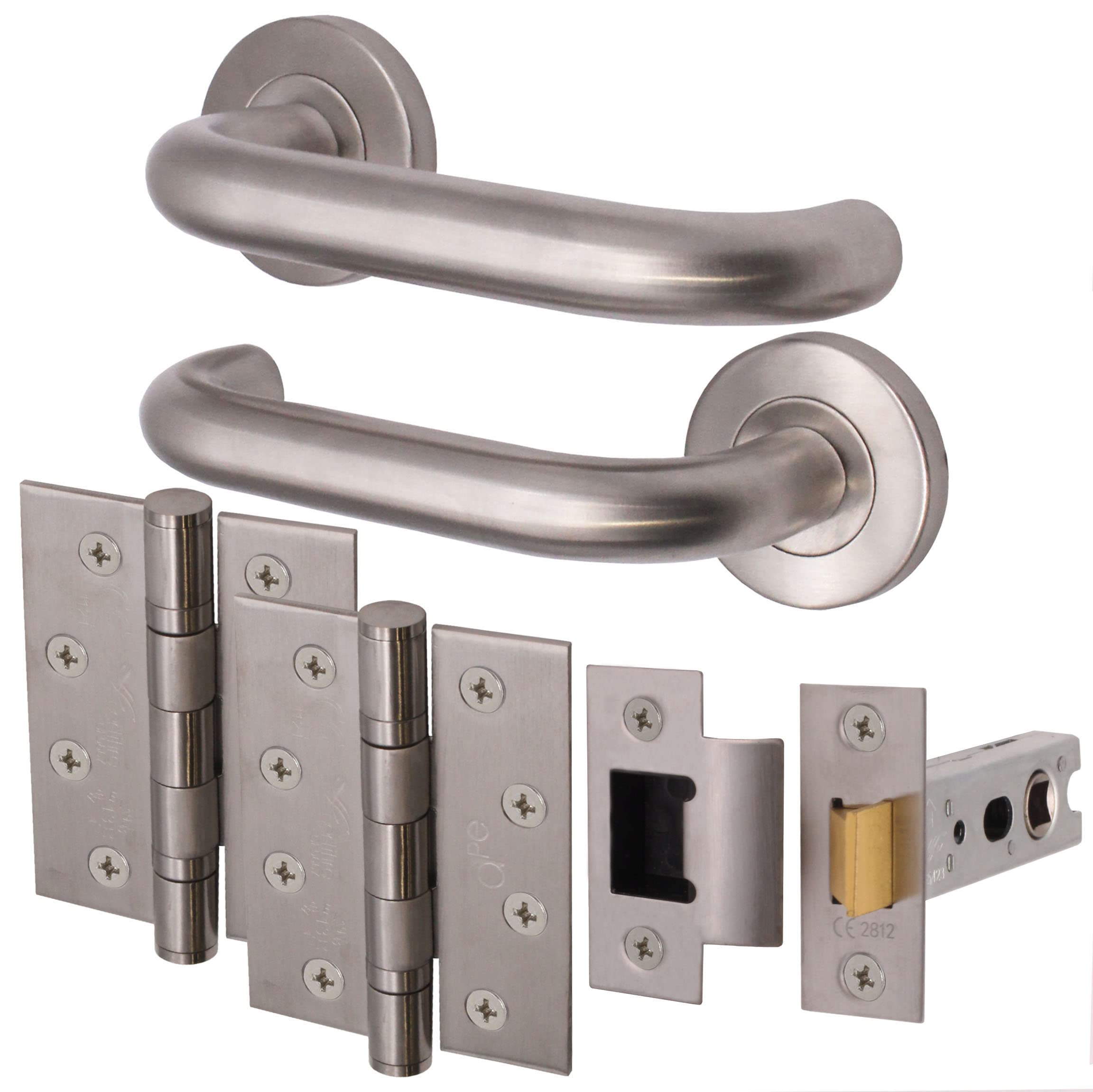 EAI Return to Door Lever on Rose Handle 4 inch Hinges & 76mm Latch Kit – Satin Stainless Steel