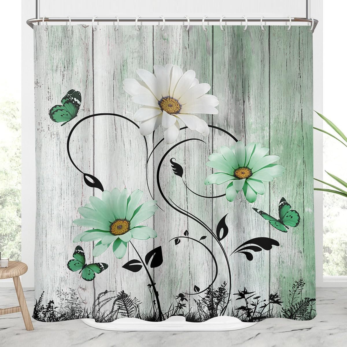 AAtter Black and White Floral Shower Curtain Standard Grey Gray Flower Rustic Vintage Butterfly Abstract Leaves Plant Home Bathroom Decor Bathtub Set with 12 Hooks, 72x72, Wooden