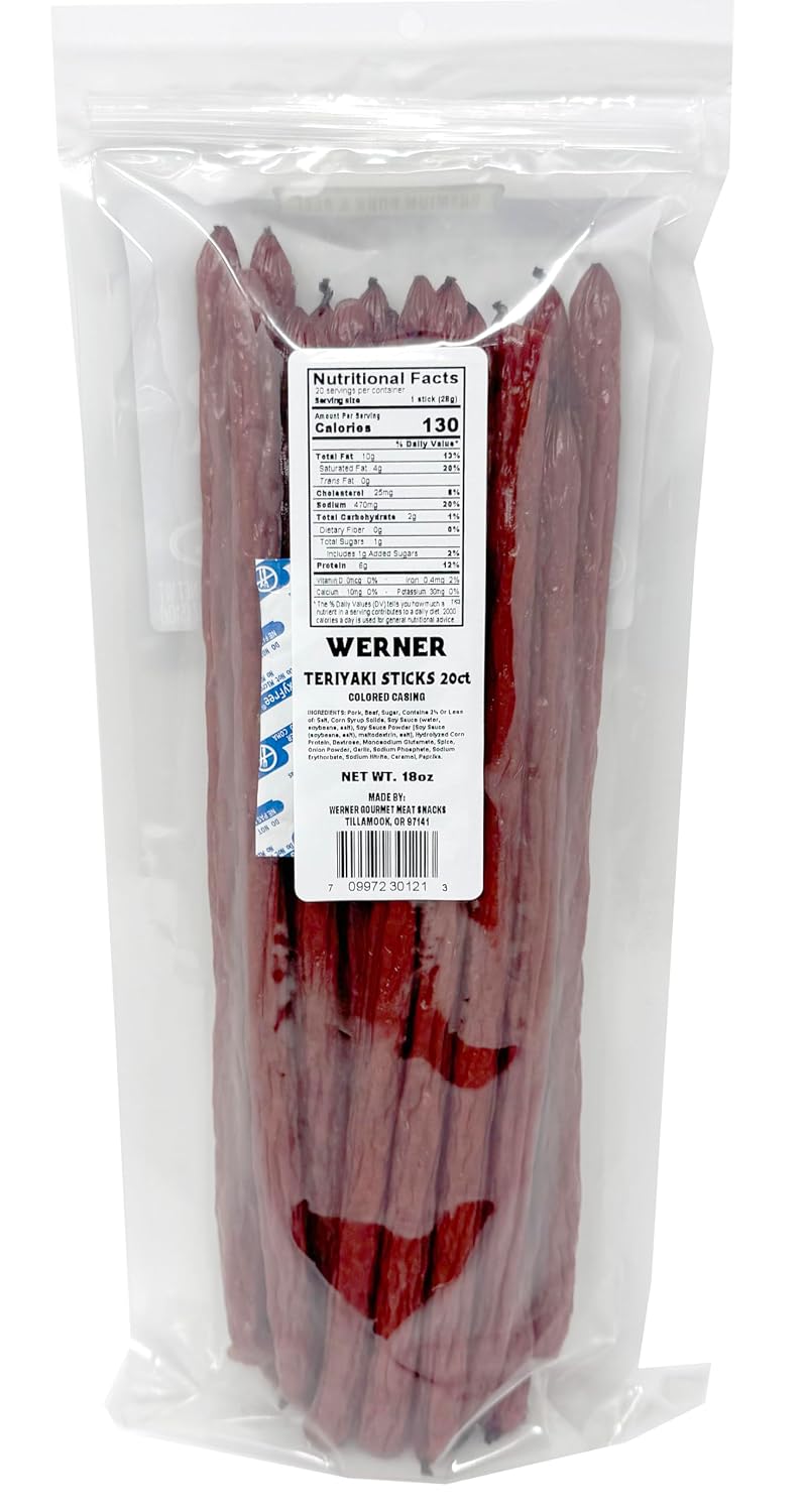 Werner Teriyaki Meat Sticks Pack of 20 - Big 12" Sticks, Bulk Meat Snacks 18 Ounce