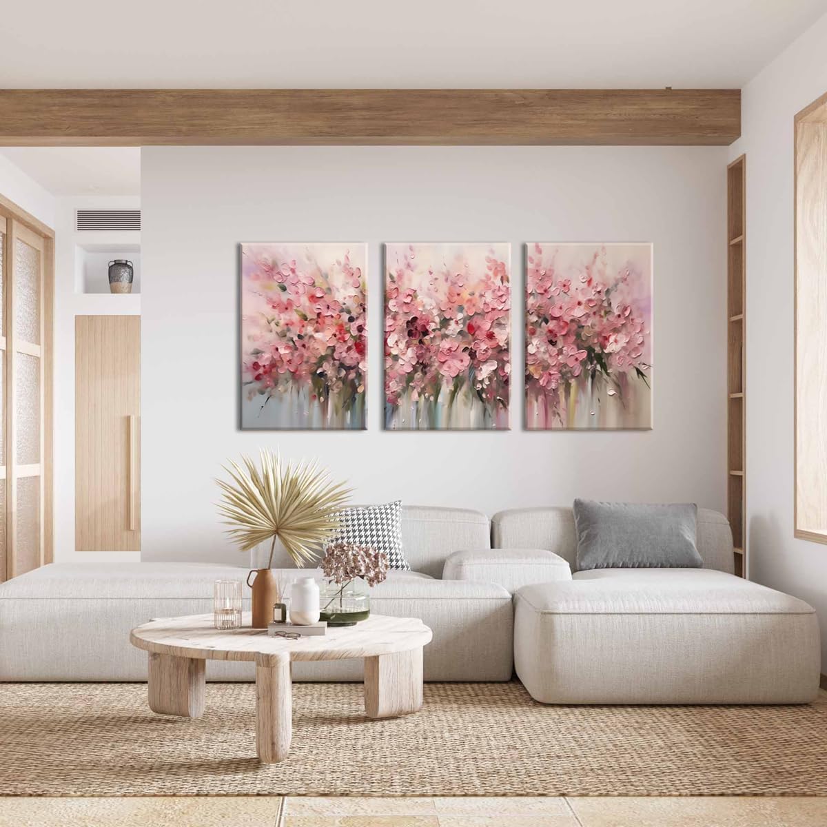 Piy Painting 3 Stück Groß Natur Bilder Wohnzimmer Modern, Rosa Blumenmuster Wandbilder Mit Rahmen,Wandkunst Leinwand Malerei, Leinwanddrucke Für Schlafzimmer Büro Kirche Wanddeko 57X40 cm