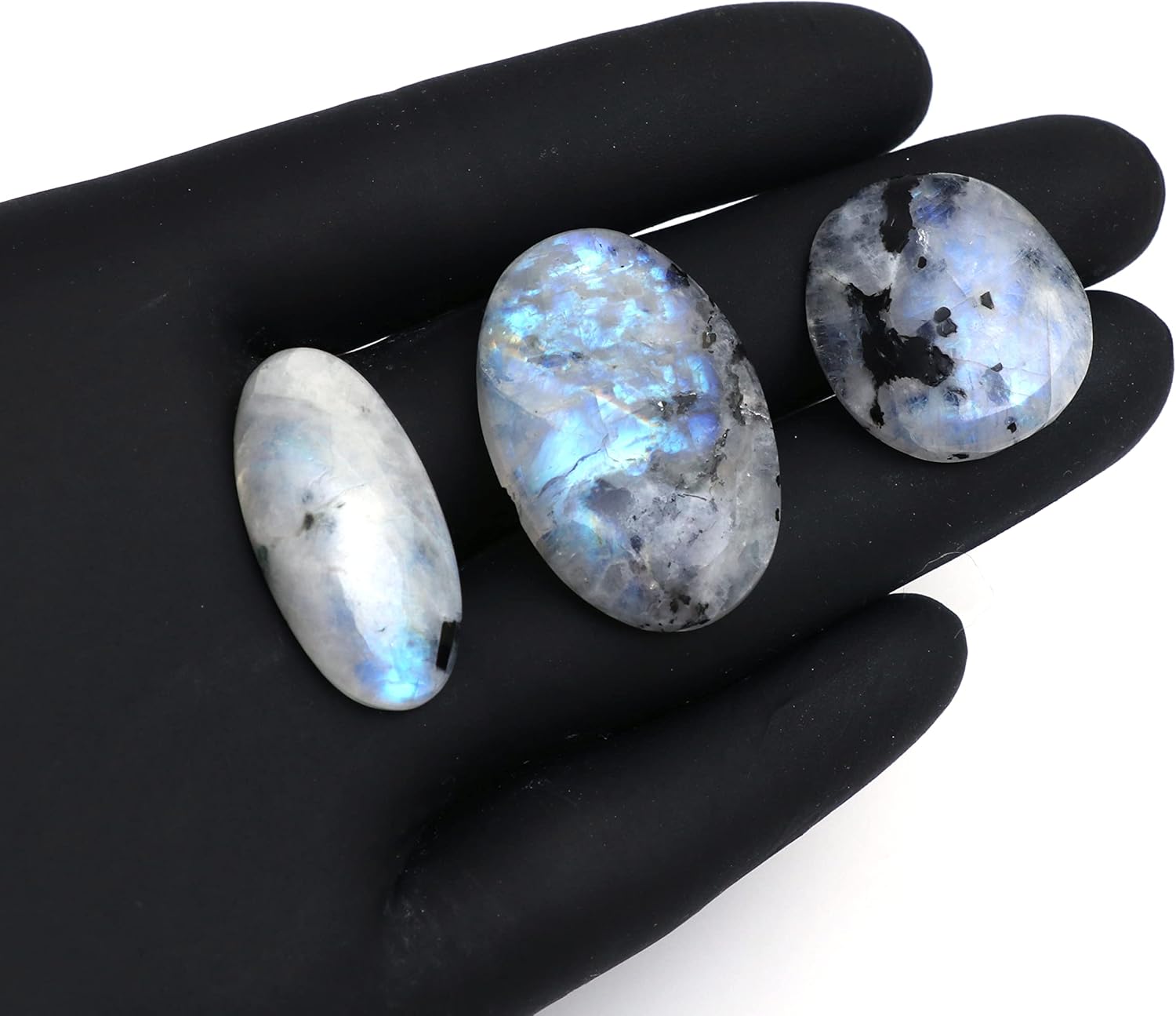 Gempires Natural Rainbow Moonstone with Black Tourmaline Gemstone Wholesale Cabochons Lot, Polished Decor, Wire Wrapping, Jewelry Making Loose Gemstone, Wikka, Healing Crystals