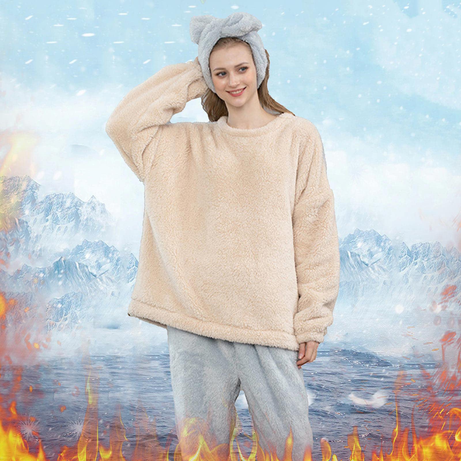 CMBSSTFC Pijamas de invierno para mujer, de forro polar, cálido y acogedor, pijamas térmicos de dos piezas, pantalones largos y camisetas de pijama, traje de jogging, conjunto de pijama de gran tamaño