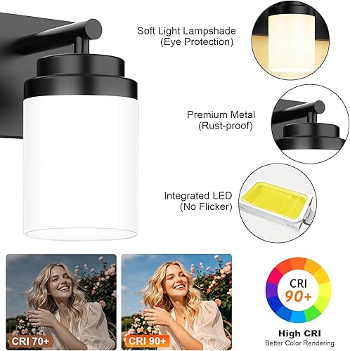 Miniatura 5 de Lámparas de baño de 4 luces, moderna lámpara LED de tocador con pantalla de vidrio blanco, lámparas de baño negro mate sobre espejo, para espejo,