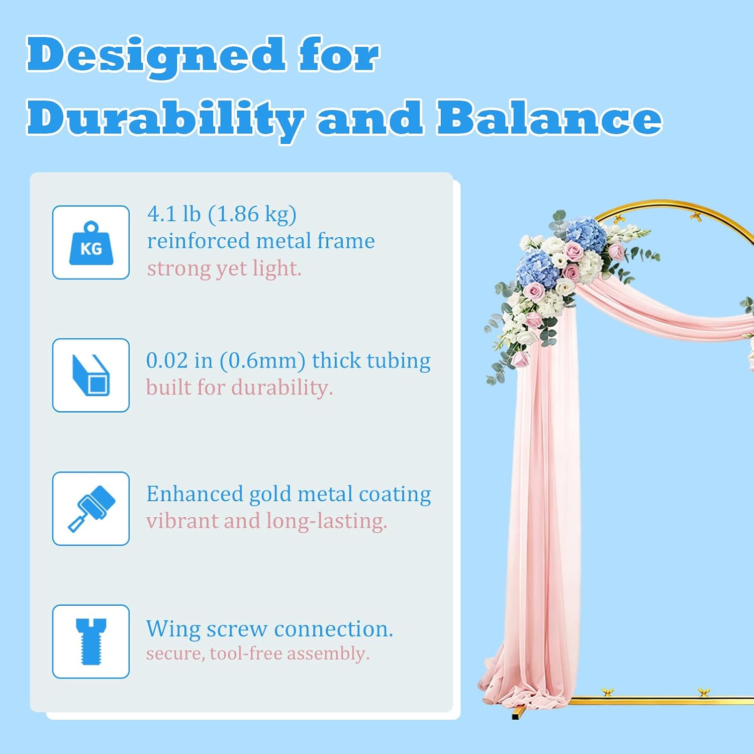 6 ft Wedding Arch Backdrop Stand, Gold Metal Party Background Frame | For ceremony, baby shower, birthday, bridal, photo booth. Sturdy square base & ground nails for garden & balloon decoration.