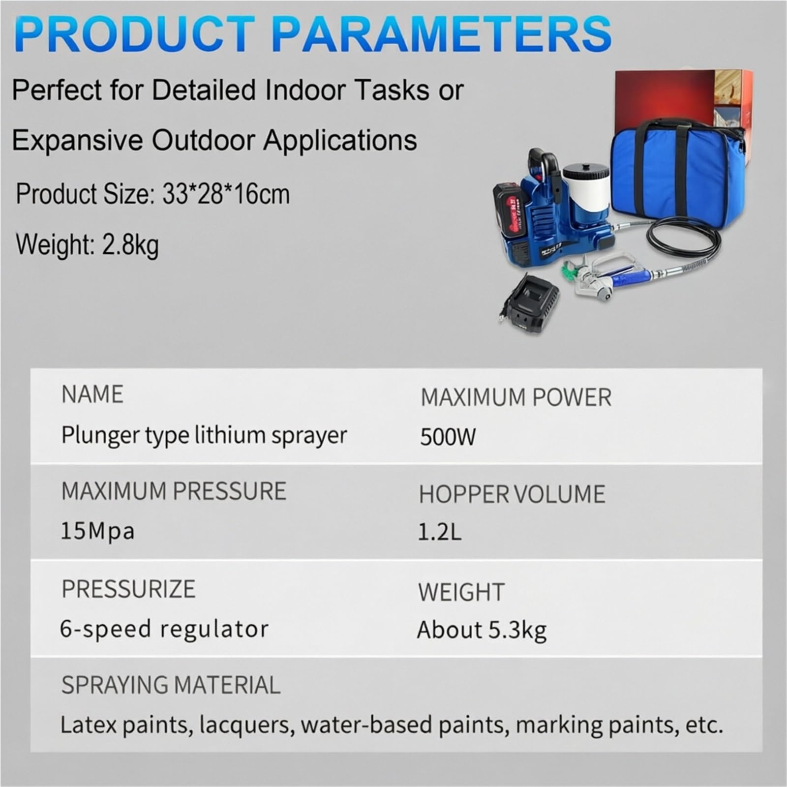 Pulverizador portátil sin aire Pistola pulverizadora inalámbrica para pintura Con 6 velocidades ajustables Manguera de 70" Depósito de 1,2 l Para pequeñas reformas(1battery+1charger)
