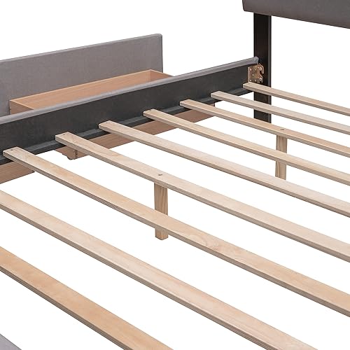 Miniatura 6 de Base de cama tapizada con plataforma nido marco de cama tamaño Queen con 2 cajones soporte de listones de madera no necesita somier fácil montaje