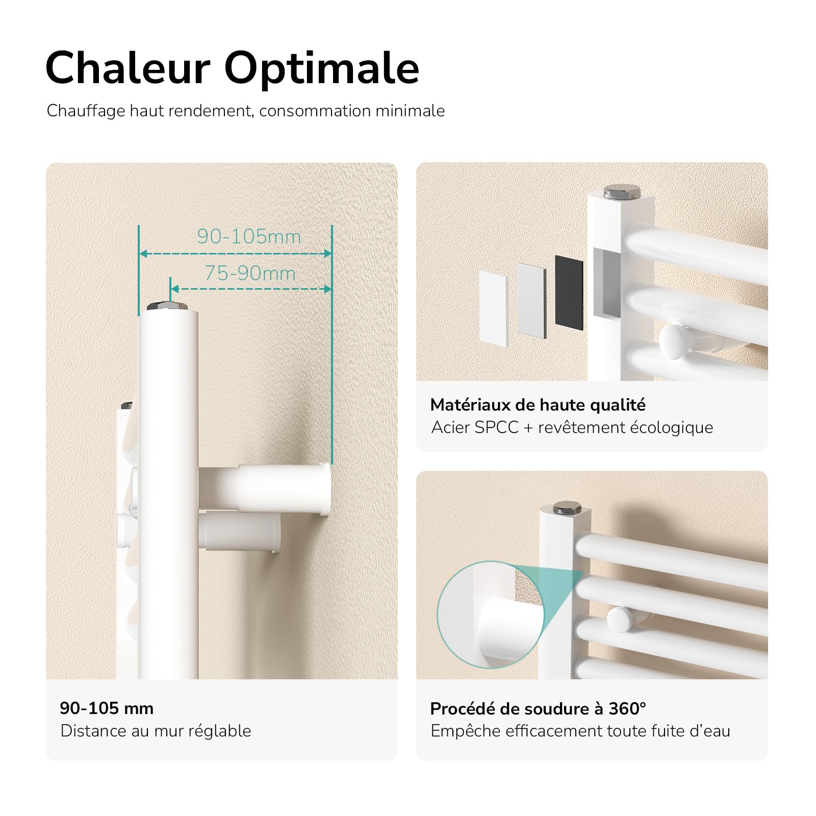 EMKE Radiateur Sèche-Serviettes Blanc 1000 x 400 mm, 356 Watts | Radiateur Sèche-Serviettes pour Salle de Bain Chauffage à Eau Chaude
