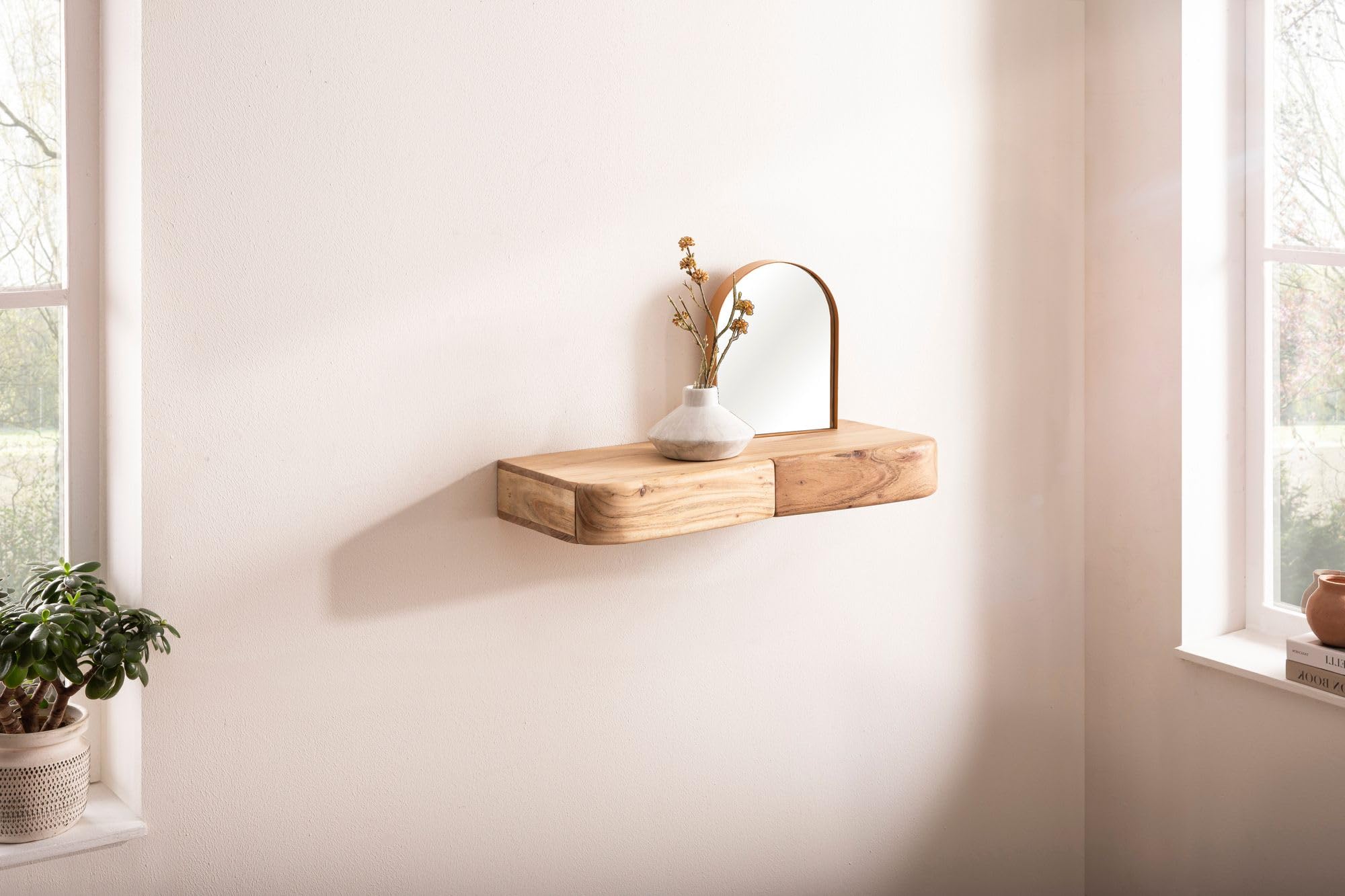 FineBuy Mensola a muro in legno massello di acacia 60cm con due cassetti - Scaffale di design per la parete - Mensola in legno con spazio contenitivo - Mensola sospesa in vero legno