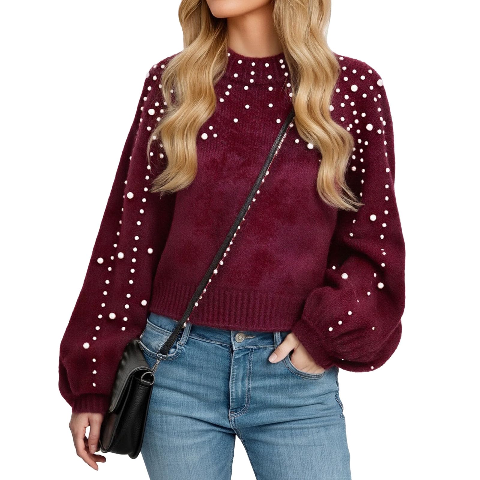 Vintage Sweaters for Women Womens Chunky Sweater Crewneck Sweatshirt Knit Lantern Sleeve Oversized Pullover