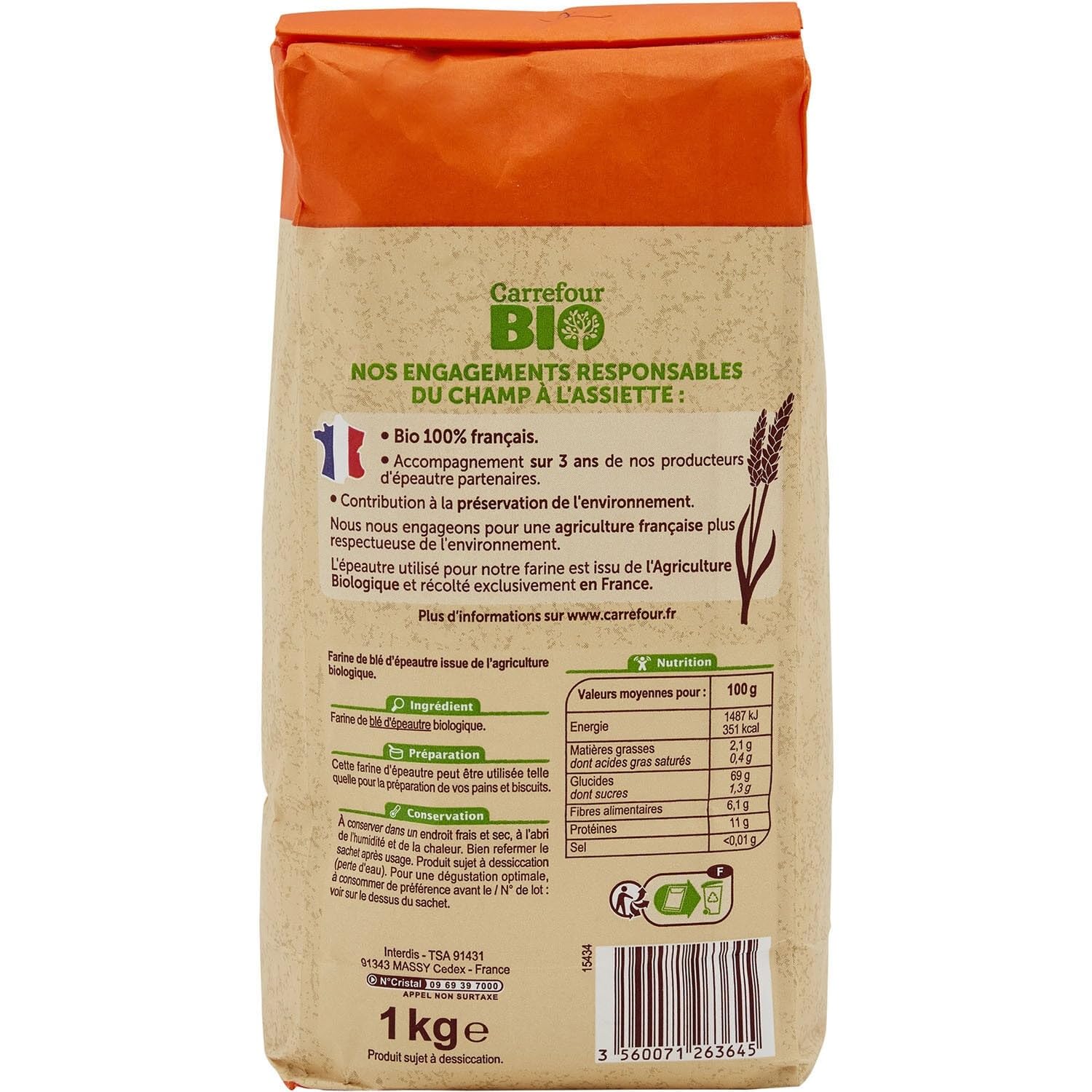 Préparez vos pâtisseries avec une farine source de fibres et issue de l'agriculture biologique française — CARREFOUR BIO Farine d'épeautre — Paquet de 1kg - Lot de 3