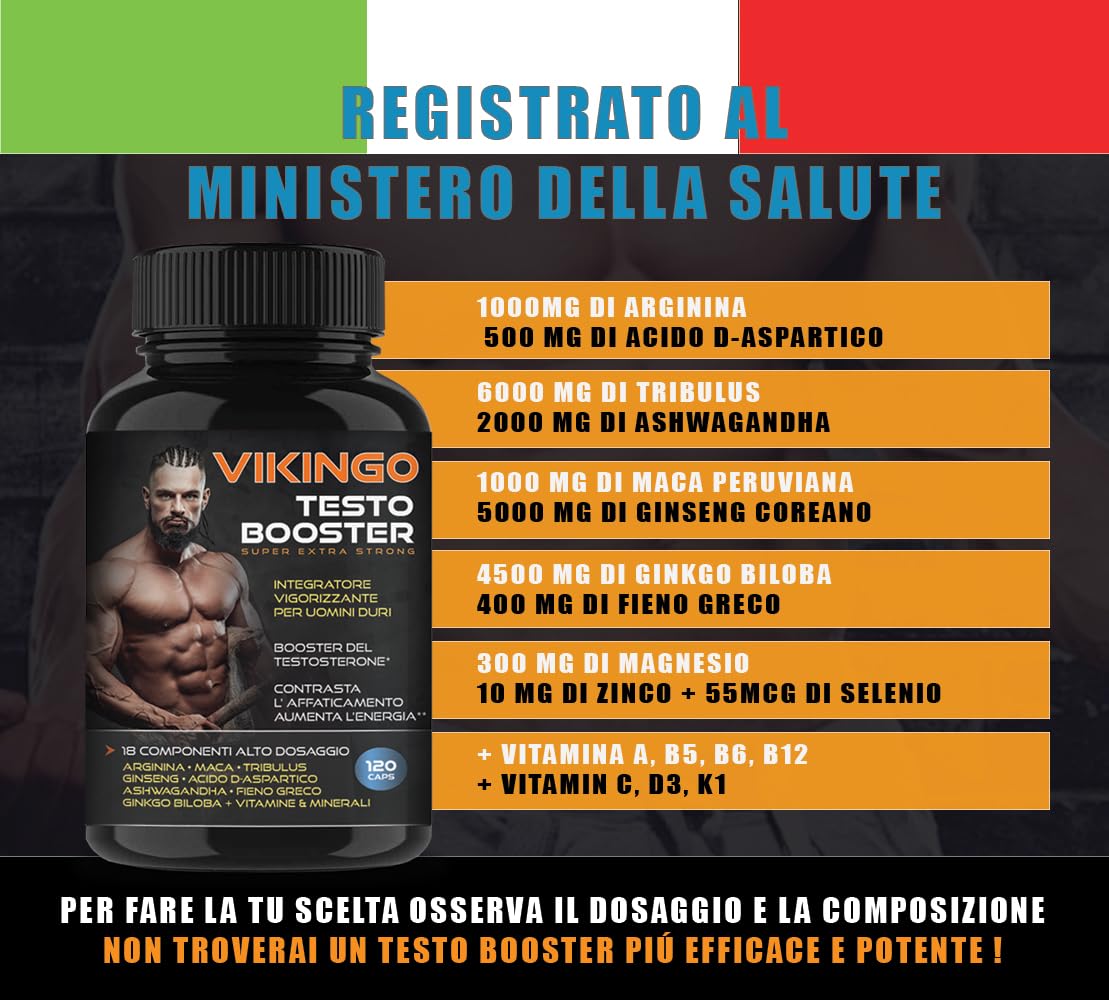 Testosterone Uomo, Massa Muscolare, VIKINGO 120 Testosterone Booster Stimolante Uomo - Integratore Energia con Maca, Tribulus, Ashwagandha, Arginina, Ginkgo Biloba, Fieno Greco, Vitamine e Minerali