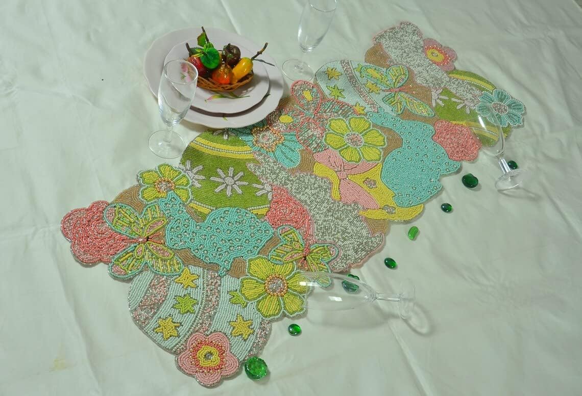 HM Creations Easter Eggs and Easter Bunny Table Runner, Hand Beaded Dining Table