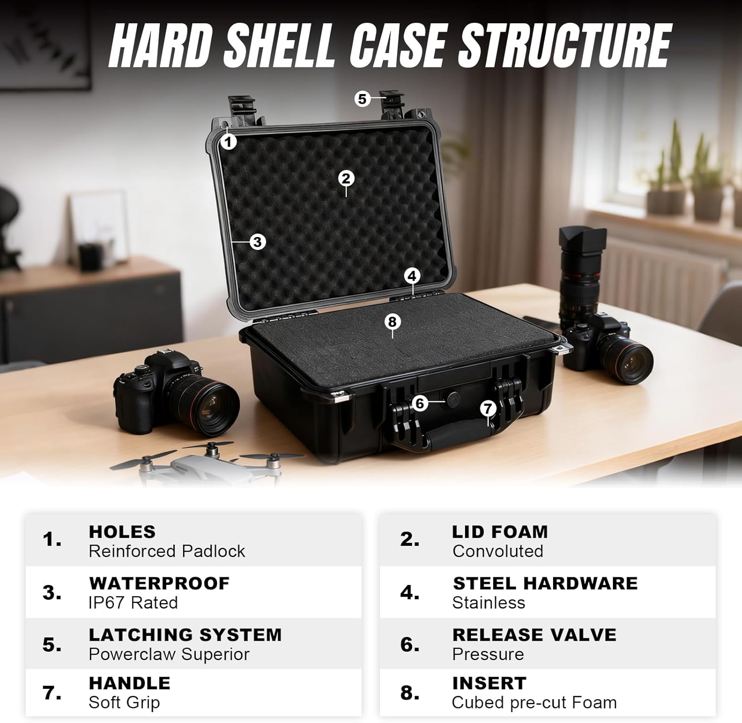 16x 12.8x 6.8 Inch Hard Case, Portable Weather Waterproof Protective Camera Case with Customizable Foam, Fit Use of Drones, Camera, Equipments, Black - Image 3