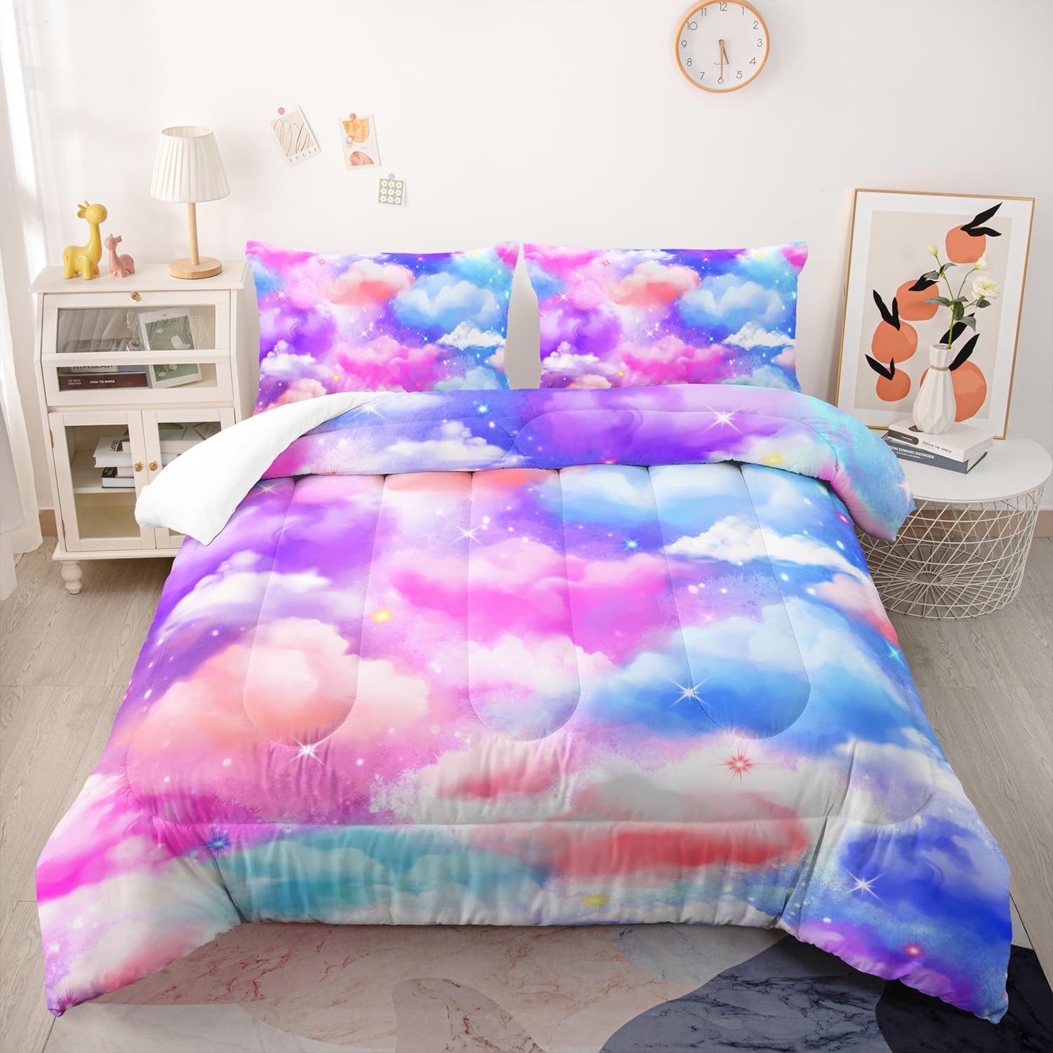 Rainbow Bedding Set, Pink Blue Cloud Sky 3D Digital Printing Comforter Set with 1 Queen Size Comforter and 2 Pillowcases