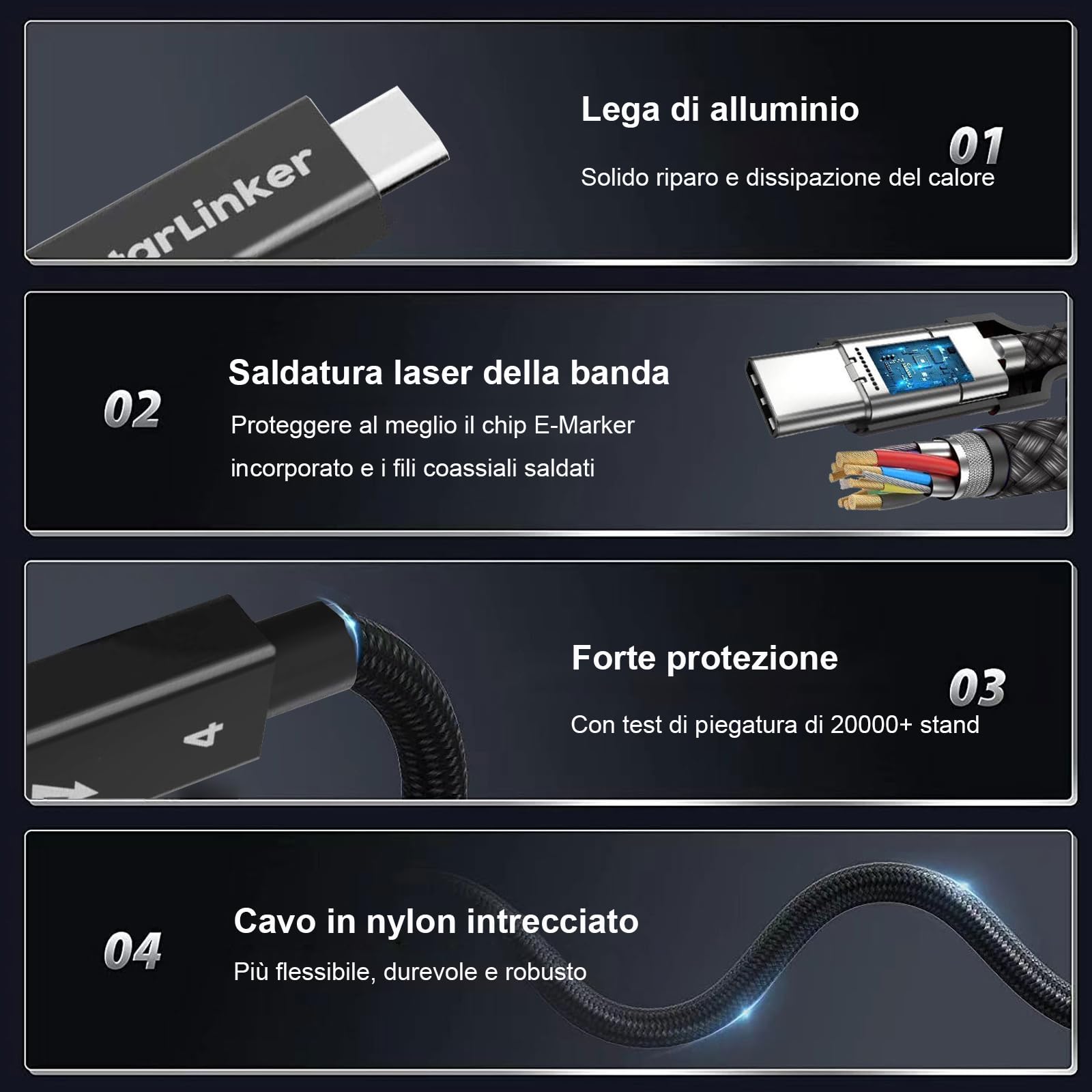 Cavo Thunderbolt 4 3m 240W Intrecciato, Ricarica PD, Trasferimento dati 40Gbps e 8K@60Hz 4K@144Hz, USB C per Thunderbolt 3, USB4, MacBook Pro, iPad Pro, Docking, eGPU, Monitor, SSD