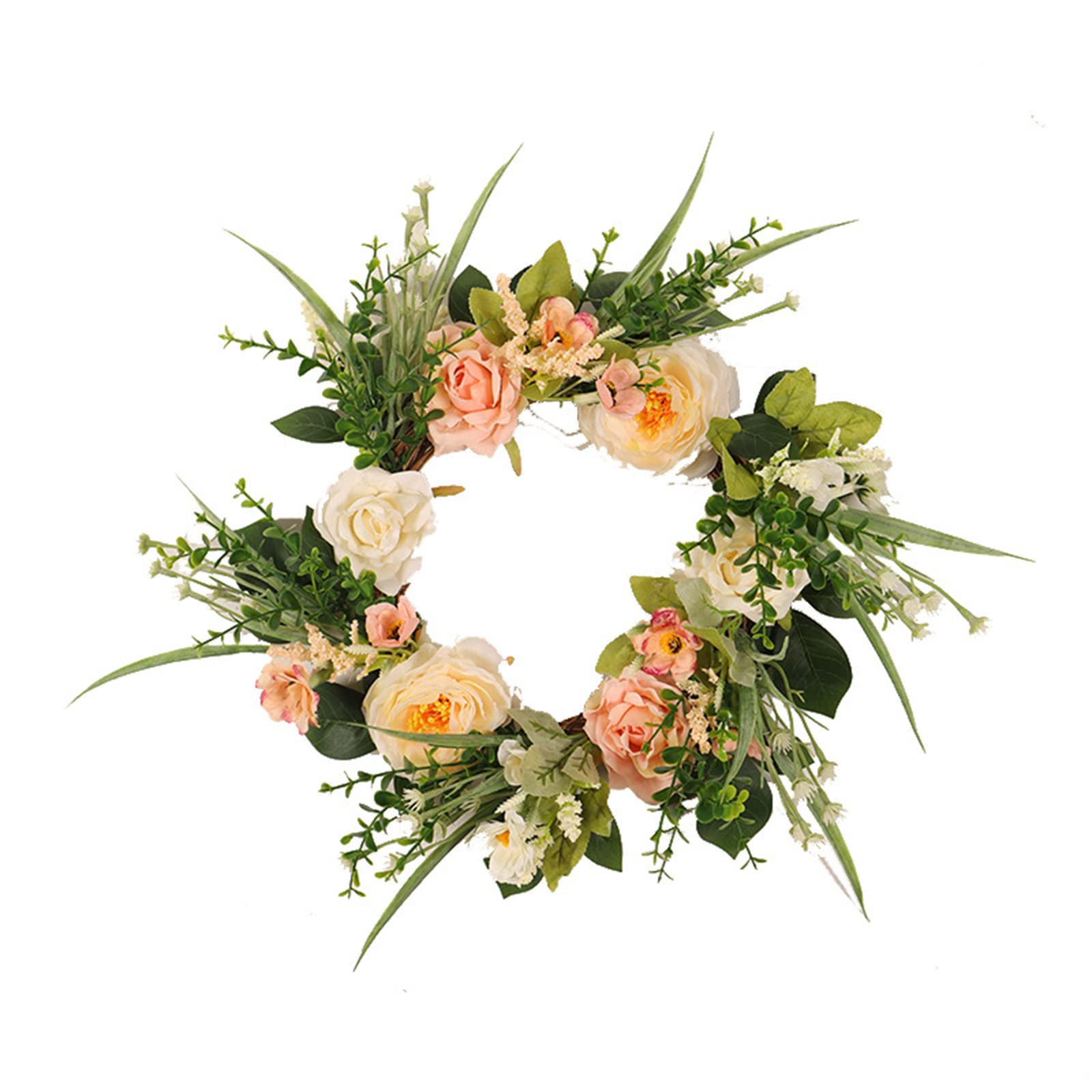 Buxuaaaa No Lights Artificial Rose Flower Wreath 15.7" / 40Cm Door Wreath With Green Leaves Christmas Festival Garland For Front Door Wedding Simulation Rose Wall Hanging Decor