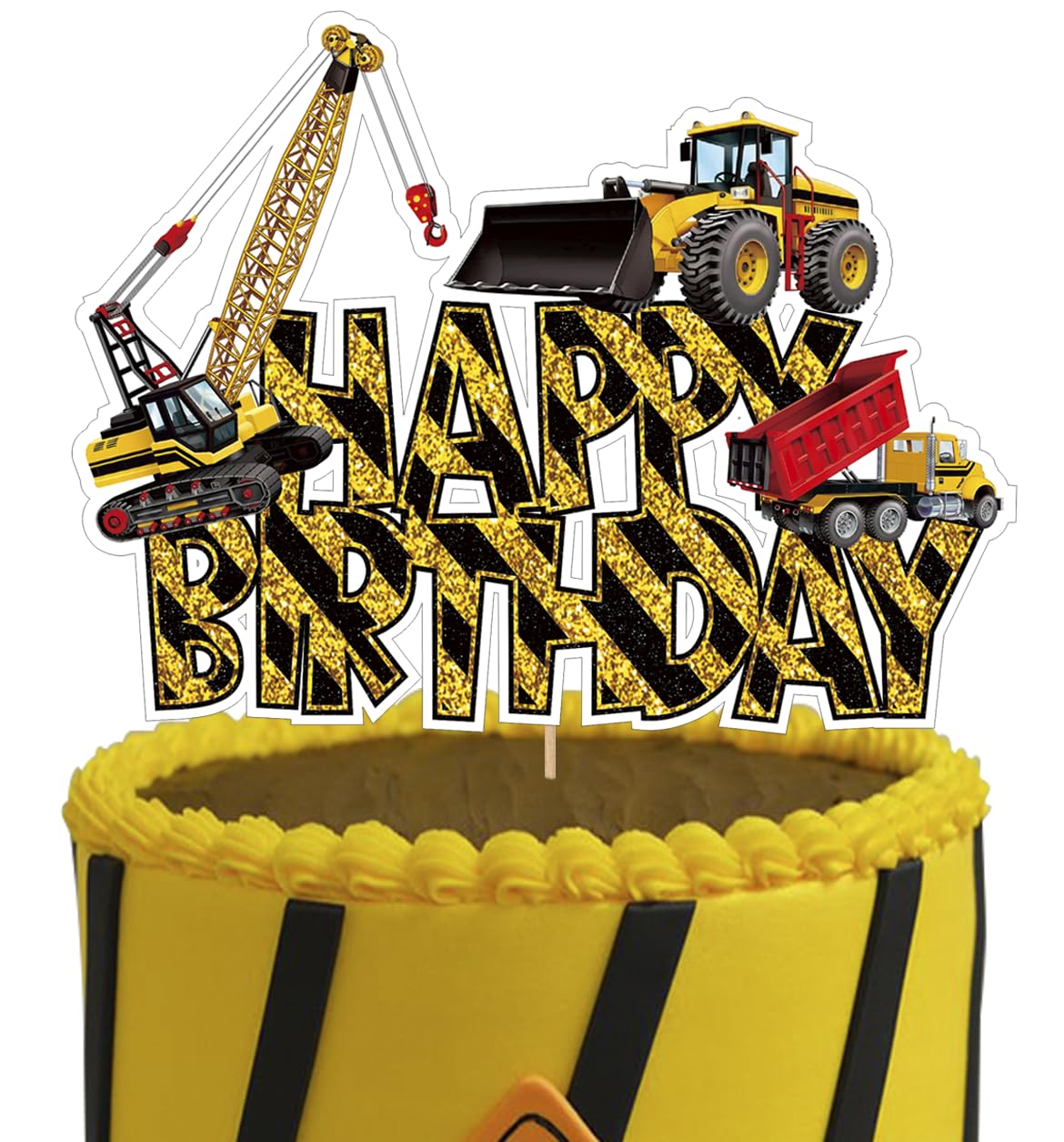 Construction Happy Birthday Cake Topper Glitter Construction Cake Pick Dump Truck Excavator Tractor Cake Decorations for Construction Theme Baby Shower Kids Birthday Party Supplies